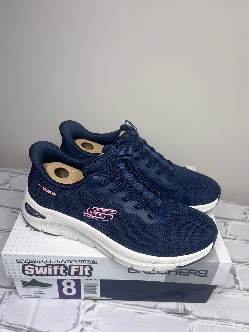 Skechers Navy Mesh Slip-On Sneakers with Pink Logo Accent